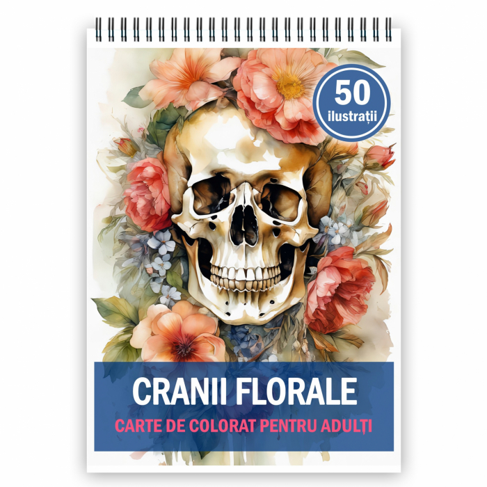 Carte de colorat pentru adulti, 50 de ilustratii, Cranii Florale, 106 pagini [1]