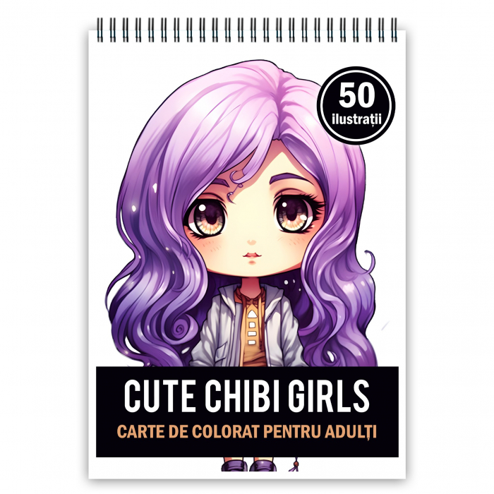 Carte de colorat pentru adulti, 50 de ilustratii Cute Chibi Girls, 106 pagini [2]