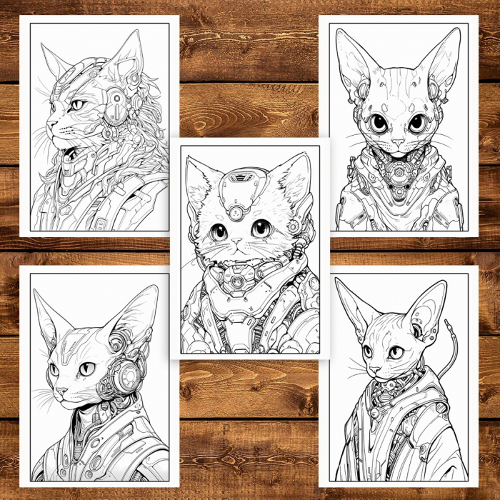 Carte de colorat pentru adulti, 50 de ilustratii, Cyborg Cats, 106 pagini [5]