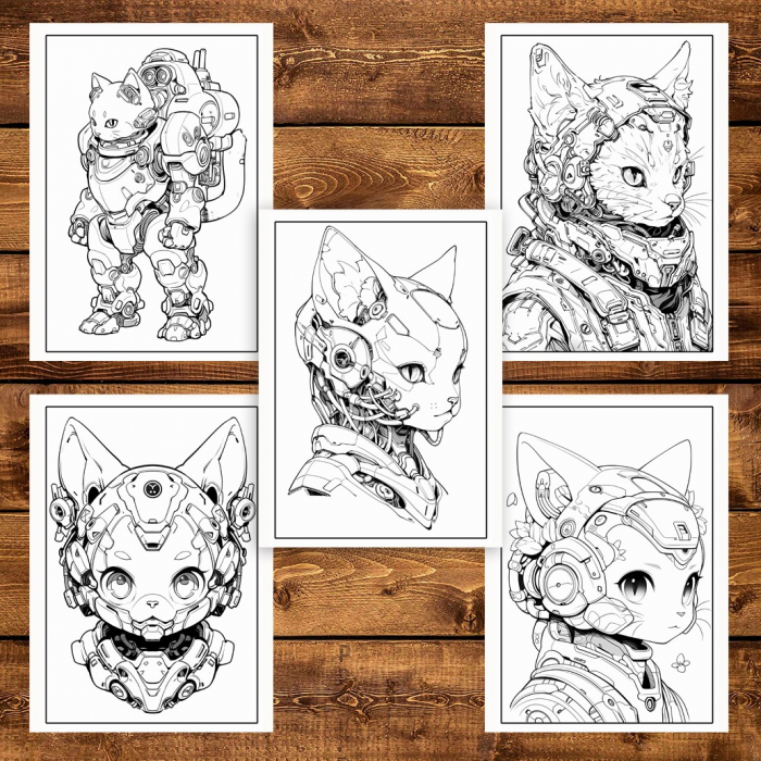 Carte de colorat pentru adulti, 50 de ilustratii, Cyborg Cats, 106 pagini [4]