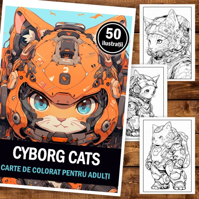 Carte de colorat pentru adulti, 50 de ilustratii, Cyborg Cats, 106 pagini [2]