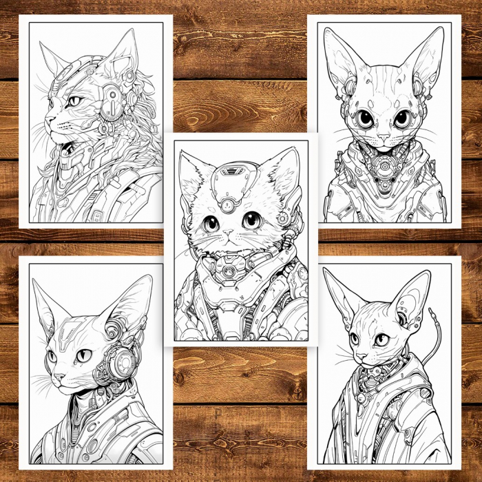 Carte de colorat pentru adulti, 50 de ilustratii, Cyborg Cats, 106 pagini [5]