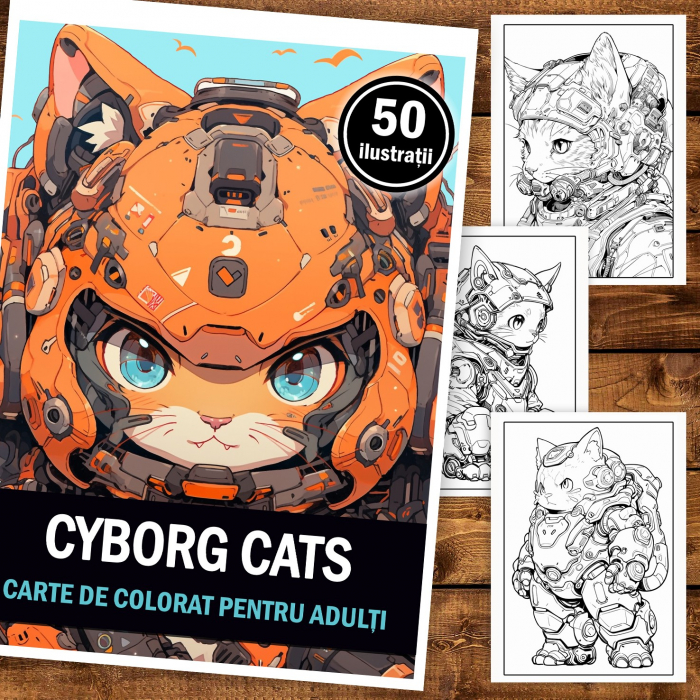 Carte de colorat pentru adulti, 50 de ilustratii, Cyborg Cats, 106 pagini [2]