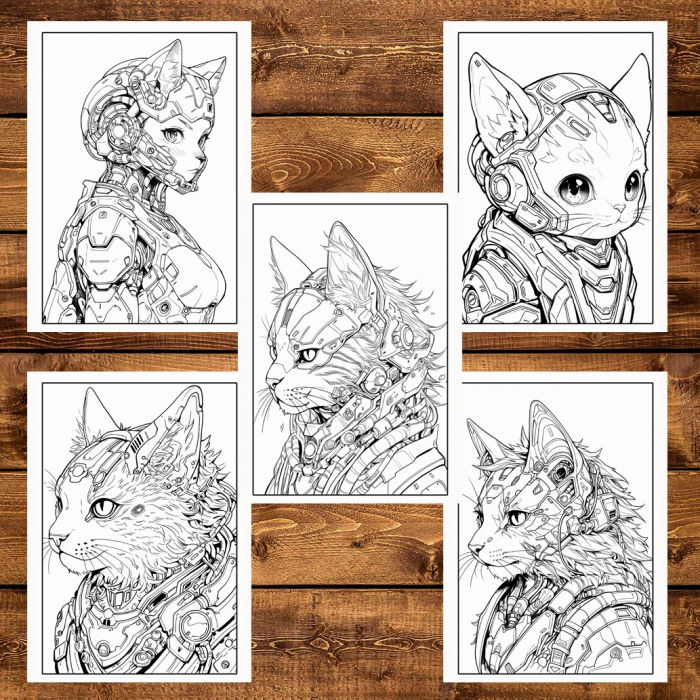 Carte de colorat pentru adulti, 50 de ilustratii, Cyborg Cats, 106 pagini [6]