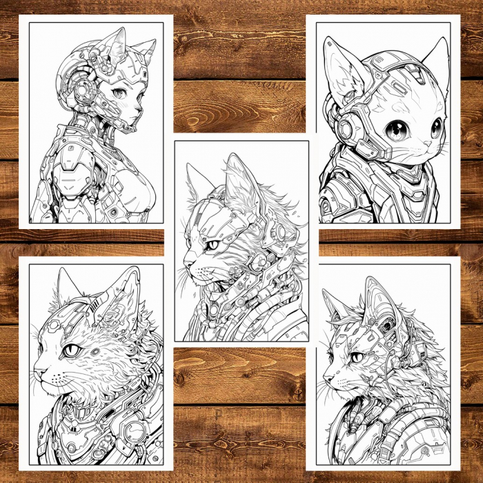 Carte de colorat pentru adulti, 50 de ilustratii, Cyborg Cats, 106 pagini [6]
