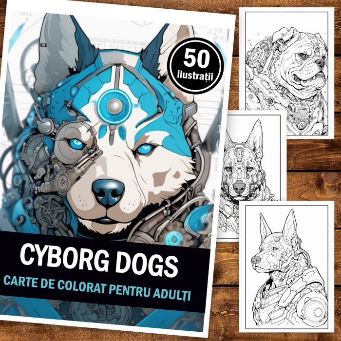 Carte de colorat pentru adulti, 50 de ilustratii, Cyborg Dogs, 106 pagini [2]