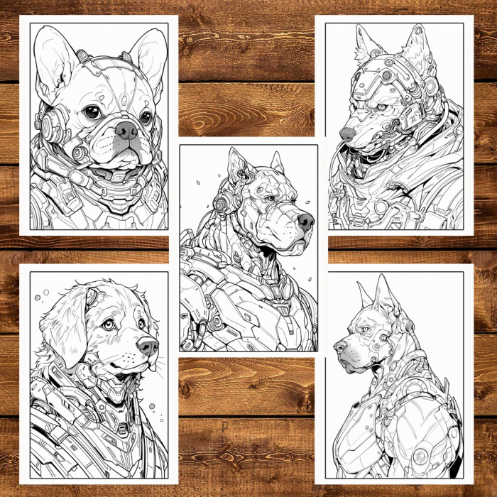 Carte de colorat pentru adulti, 50 de ilustratii, Cyborg Dogs, 106 pagini [6]