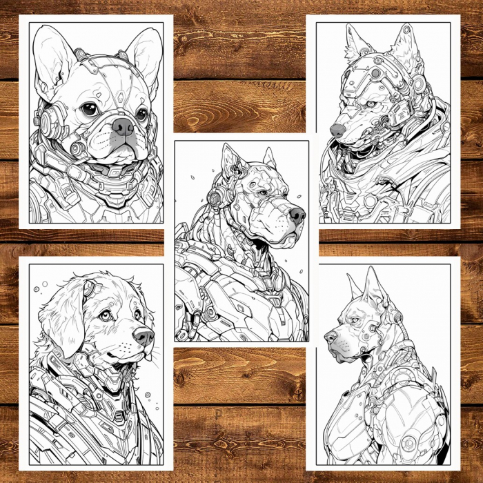 Carte de colorat pentru adulti, 50 de ilustratii, Cyborg Dogs, 106 pagini [6]