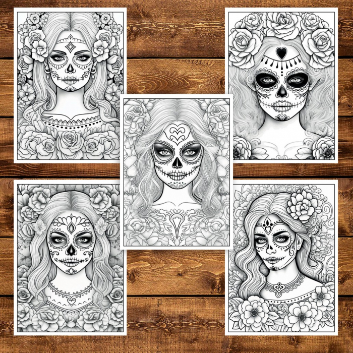 Carte de colorat pentru adulti, 50 de ilustratii, Dia de Los Muertos - Volumul I, 106 pagini [4]