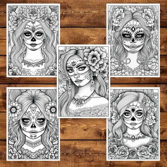 Carte de colorat pentru adulti, 50 de ilustratii, Dia de Los Muertos - Volumul I, 106 pagini [5]
