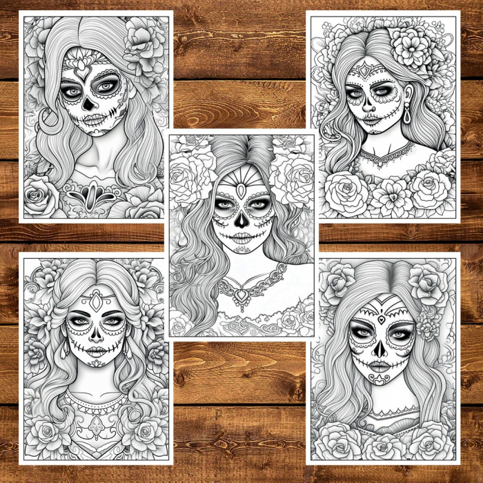 Carte de colorat pentru adulti, 50 de ilustratii, Dia de Los Muertos - Volumul I, 106 pagini [6]