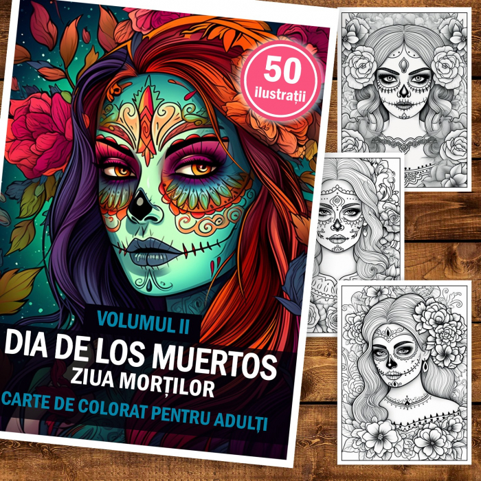 Carte de colorat pentru adulti, 50 de ilustratii, Dia de Los Muertos - Volumul I, 106 pagini [2]