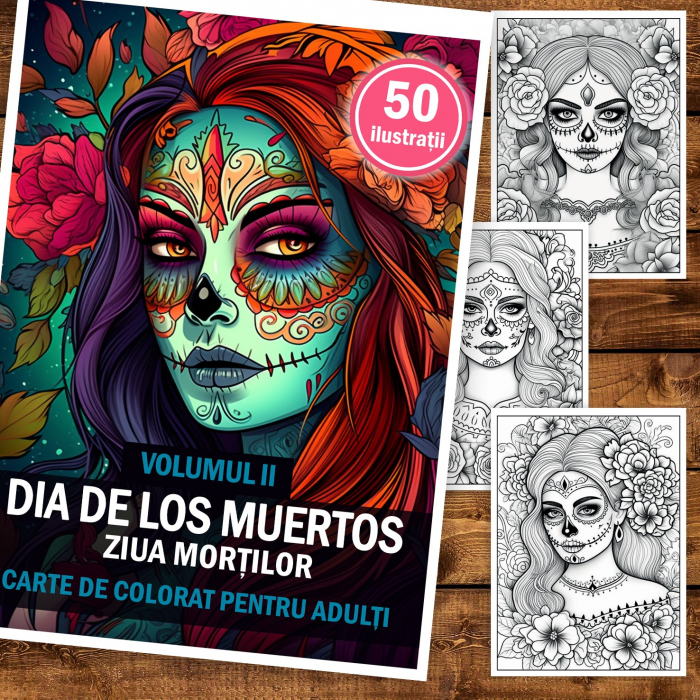 Carte de colorat pentru adulti, 50 de ilustratii, Dia de Los Muertos - Volumul I, 106 pagini [2]