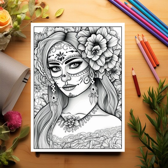 Carte de colorat pentru adulti, 50 de ilustratii, Dia de Los Muertos - Volumul I, 106 pagini [3]