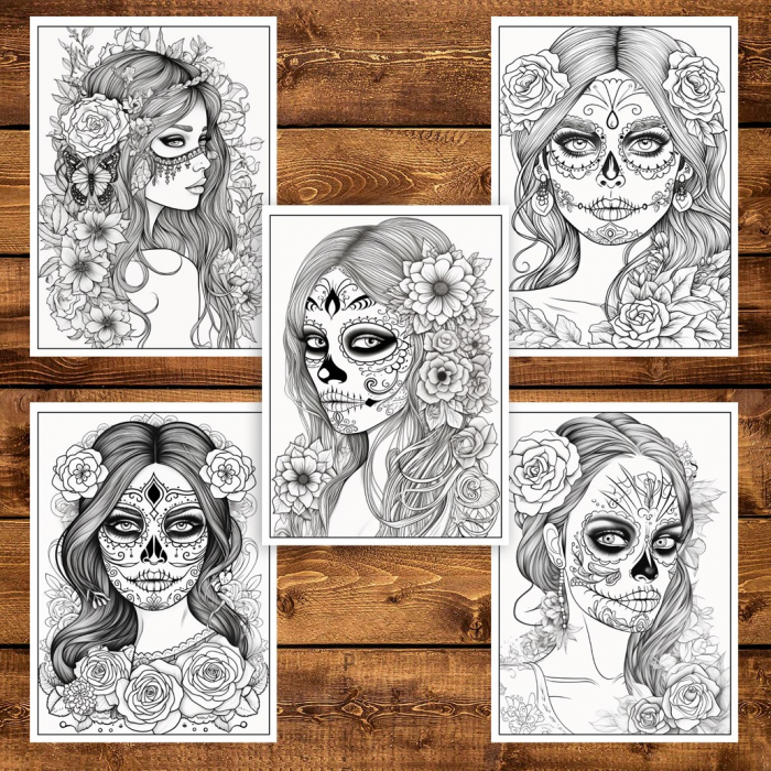 Carte de colorat pentru adulti, 50 de ilustratii, Dia de Los Muertos - Volumul II, 106 pagini [5]