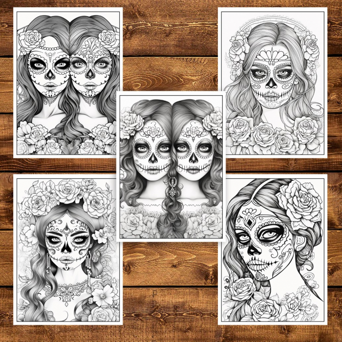 Carte de colorat pentru adulti, 50 de ilustratii, Dia de Los Muertos - Volumul II, 106 pagini [4]