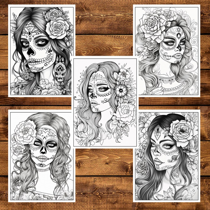 Carte de colorat pentru adulti, 50 de ilustratii, Dia de Los Muertos - Volumul II, 106 pagini [6]