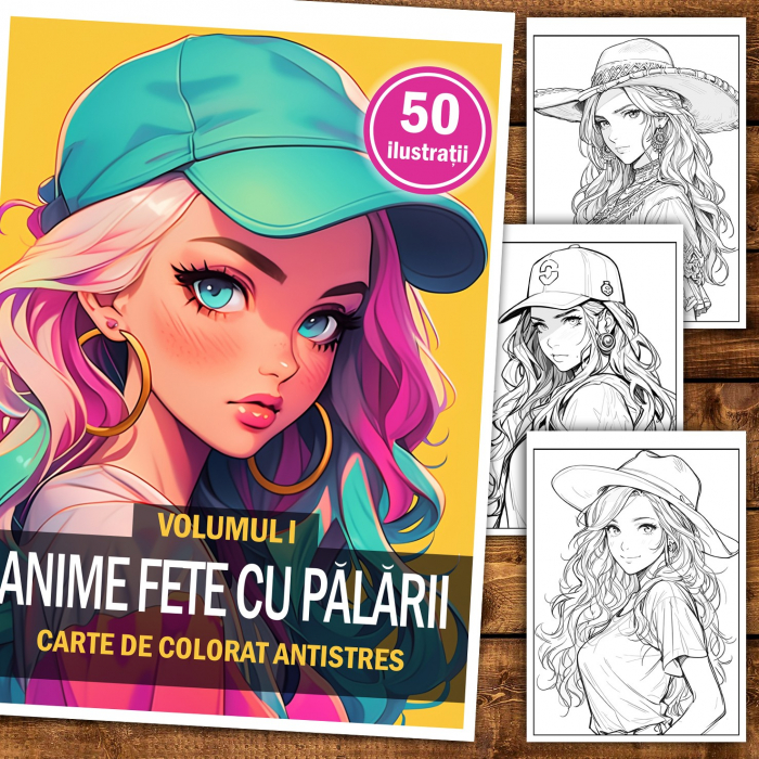 Carte de colorat pentru adulti, 50 de ilustratii, Fete cu palarii, 106 pagini [2]