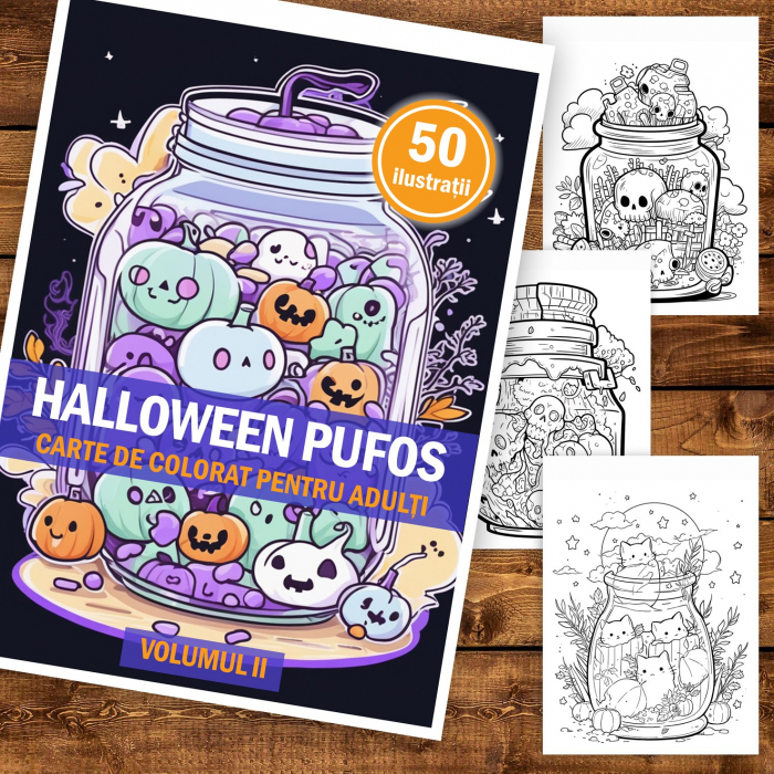 Carte de colorat pentru adulti, 50 de ilustratii, Halloween pufos - Volumul II, 106 pagini [2]