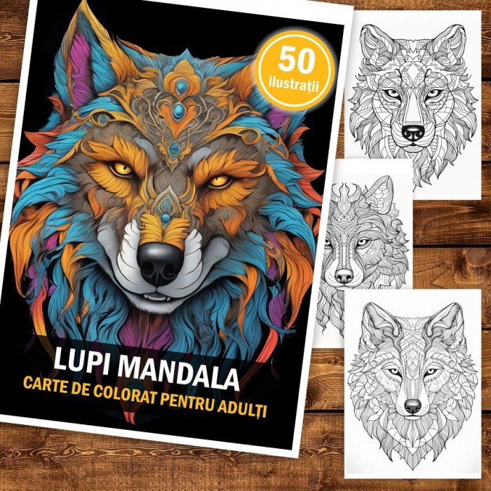 Carte de colorat pentru adulti, 50 de ilustratii, Lupi Mandala, 106 pagini [2]