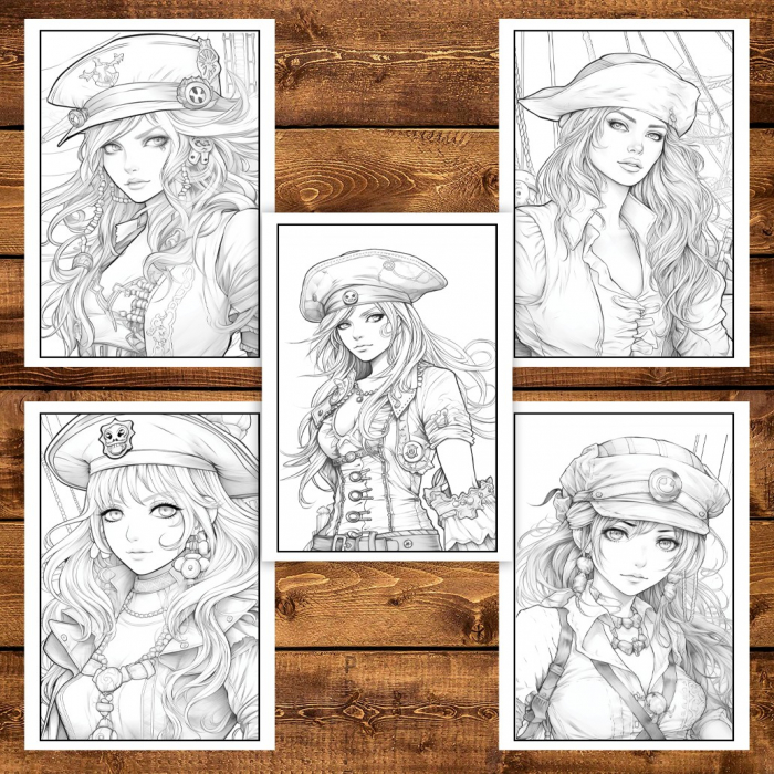 Carte de colorat pentru adulti, 50 de ilustratii Pirate Girls, 106 pagini [5]