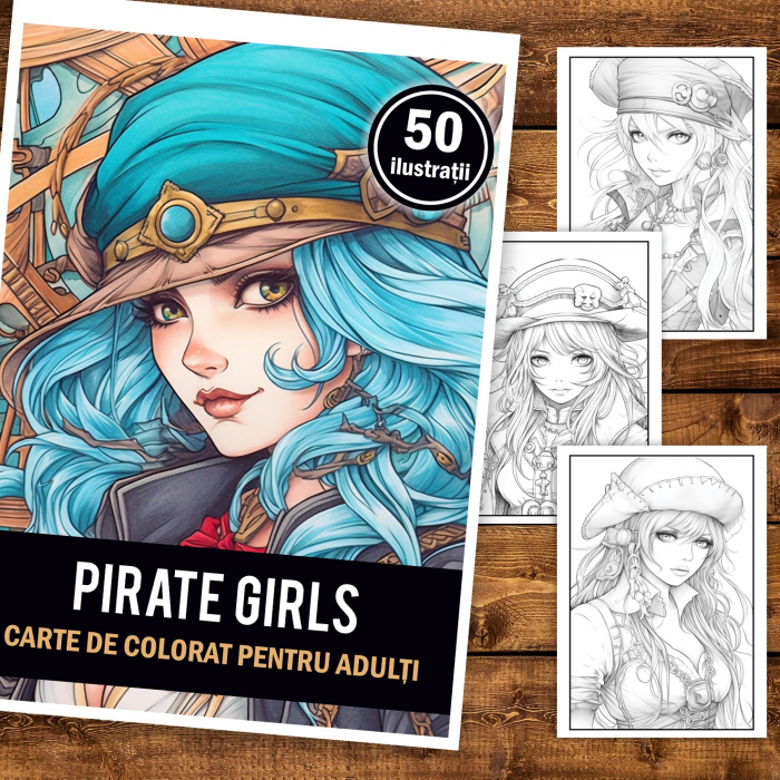 Carte de colorat pentru adulti, 50 de ilustratii Pirate Girls, 106 pagini [2]