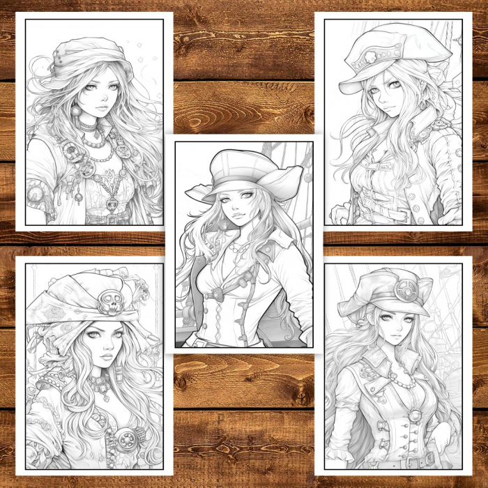Carte de colorat pentru adulti, 50 de ilustratii Pirate Girls, 106 pagini [4]