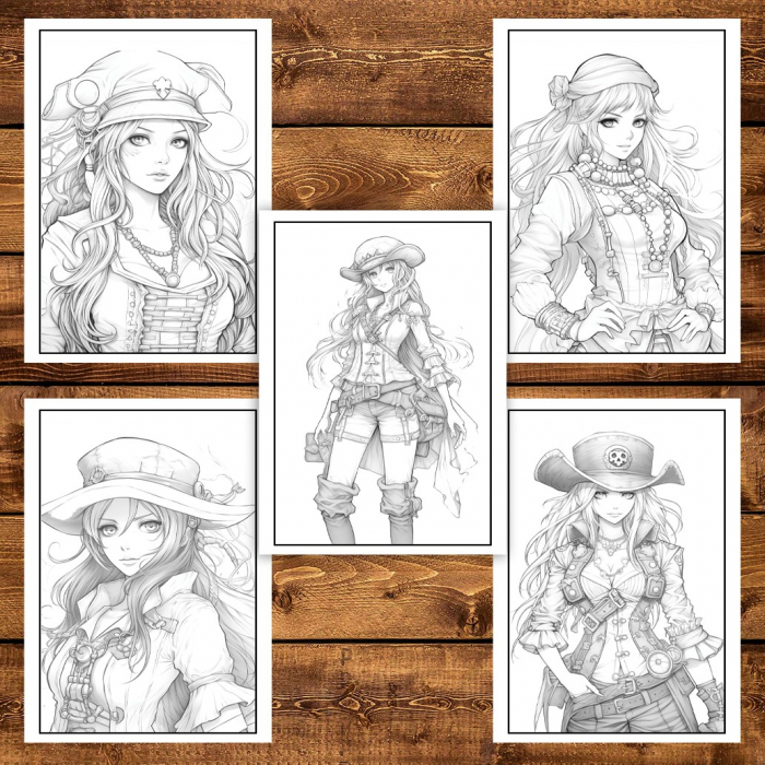 Carte de colorat pentru adulti, 50 de ilustratii Pirate Girls, 106 pagini [6]