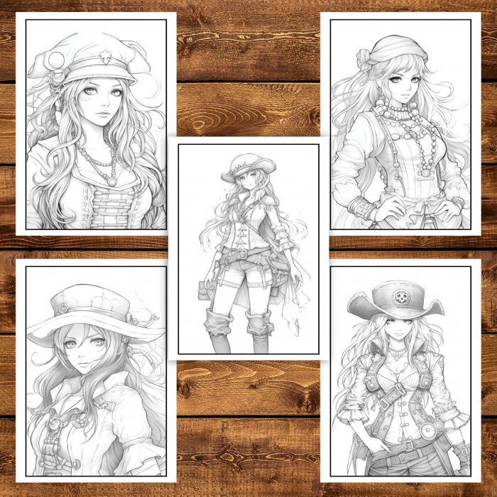 Carte de colorat pentru adulti, 50 de ilustratii Pirate Girls, 106 pagini [6]