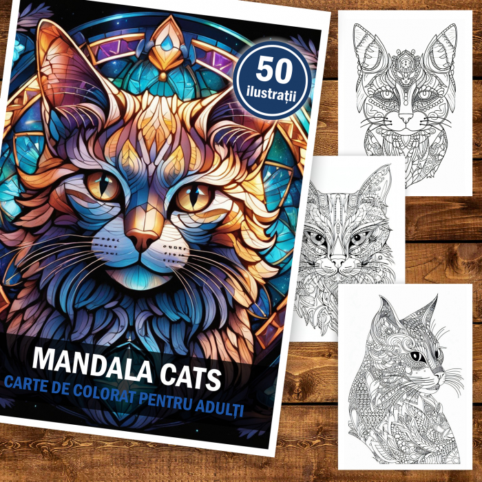 Carte de colorat pentru adulti, 50 de ilustratii Pisici Mandala, 106 pagini [2]
