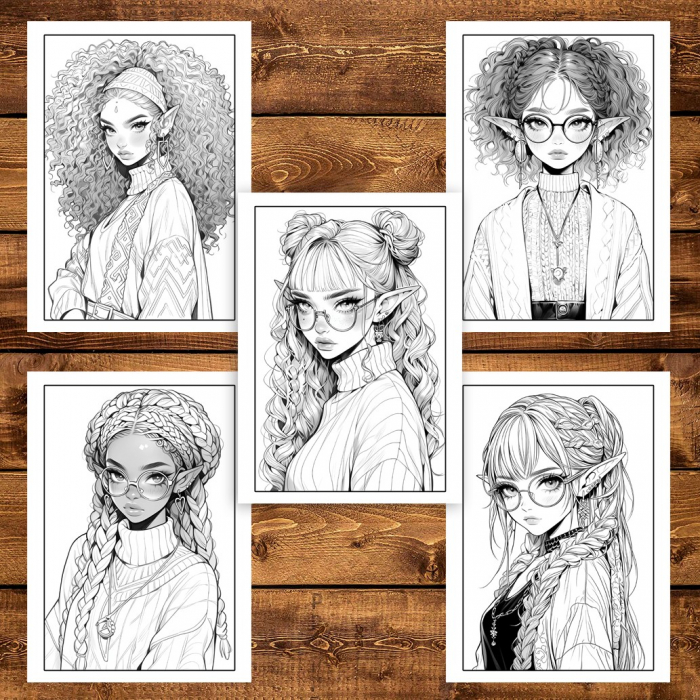 Carte de colorat pentru adulti, 50 de ilustratii Sassy Elf Girls - Volumul I, 106 pagini [5]