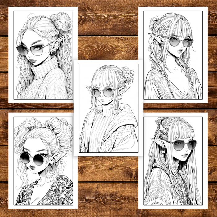 Carte de colorat pentru adulti, 50 de ilustratii Sassy Elf Girls - Volumul I, 106 pagini [4]