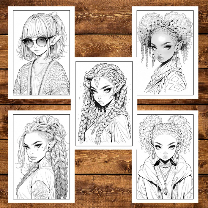 Carte de colorat pentru adulti, 50 de ilustratii Sassy Elf Girls - Volumul I, 106 pagini [6]