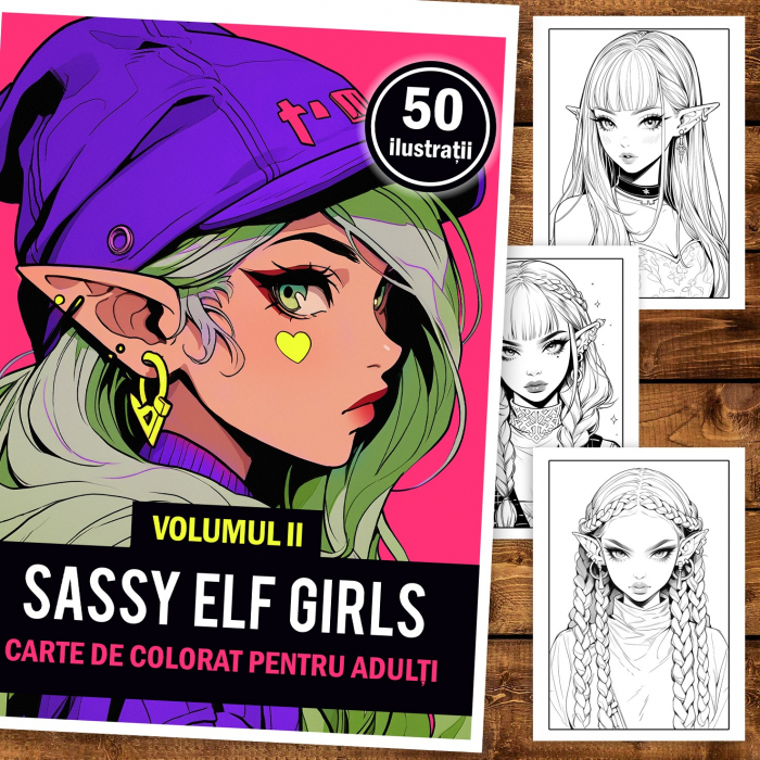 Carte de colorat pentru adulti, 50 de ilustratii Sassy Elf Girls - Volumul II, 106 pagini [2]