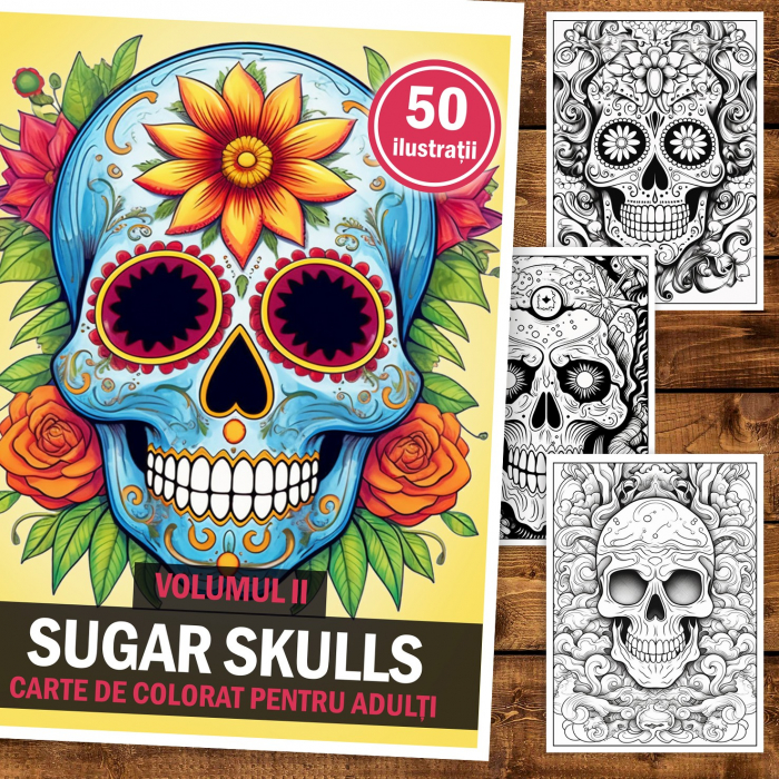 Carte de colorat pentru adulti, 50 de ilustratii, Sugar Skulls - Volumul II, 106 pagini [2]