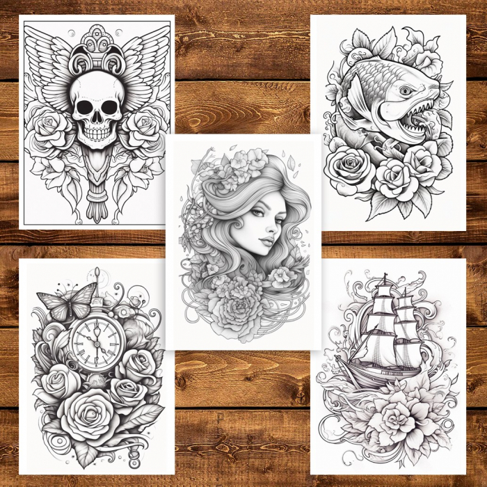 Carte de colorat pentru adulti, 50 de ilustratii, Tatuaje - Volumul I, 106 pagini [5]