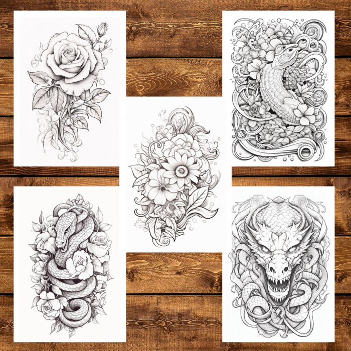 Carte de colorat pentru adulti, 50 de ilustratii, Tatuaje - Volumul I, 106 pagini [6]
