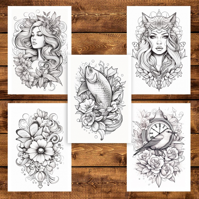 Carte de colorat pentru adulti, 50 de ilustratii, Tatuaje - Volumul II, 106 pagini [4]