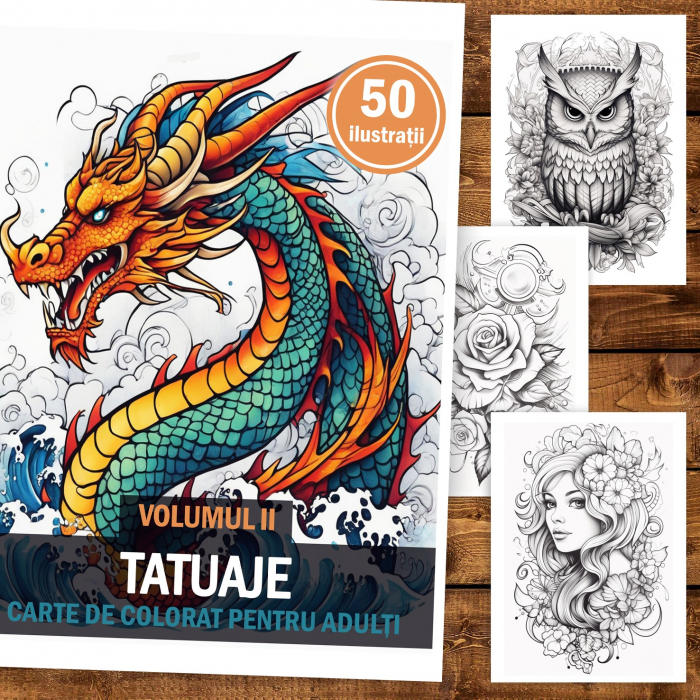 Carte de colorat pentru adulti, 50 de ilustratii, Tatuaje - Volumul II, 106 pagini [2]
