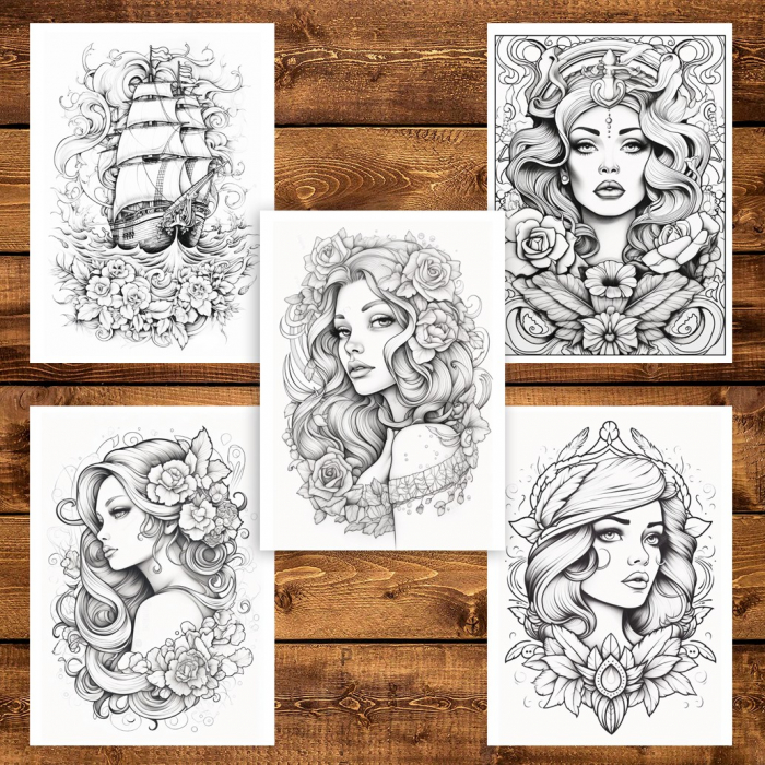 Carte de colorat pentru adulti, 50 de ilustratii, Tatuaje - Volumul II, 106 pagini [5]