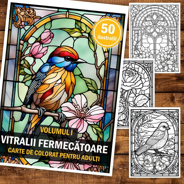 Carte de colorat pentru adulti, 50 de ilustratii, Vitralii Fermecatoare - Volumul I, 106 pagini [2]