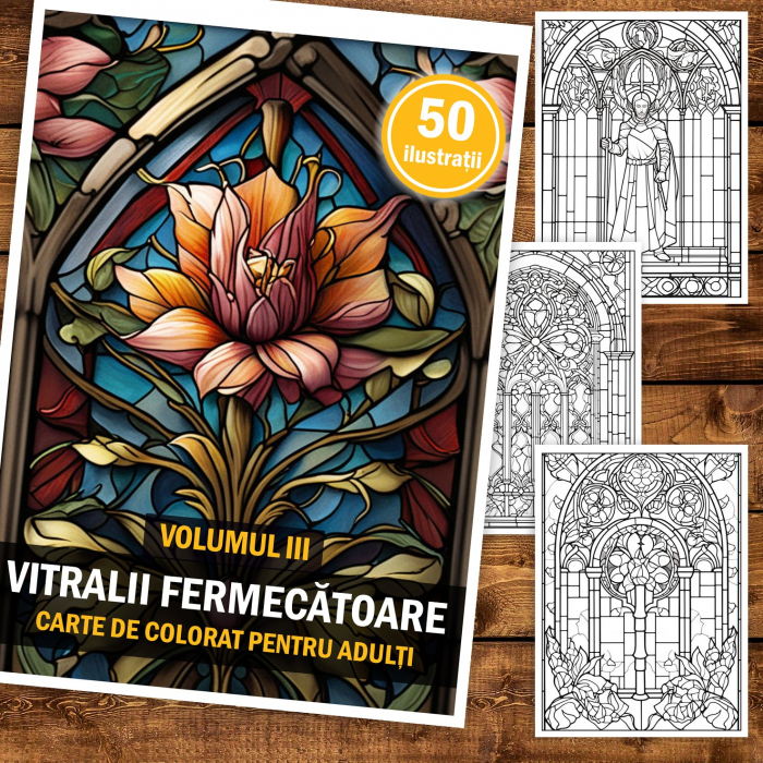 Carte de colorat pentru adulti, 50 de ilustratii, Vitralii Fermecatoare - Volumul III, 106 pagini [2]