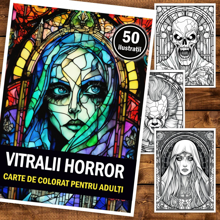 Carte de colorat pentru adulti, 50 de ilustratii, Vitralii Horror, 106 pagini [2]