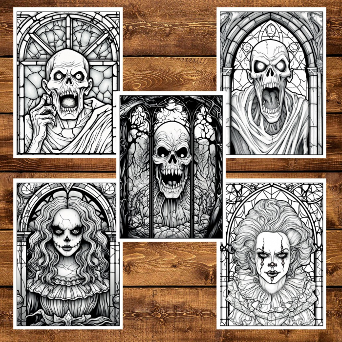 Carte de colorat pentru adulti, 50 de ilustratii, Vitralii Horror, 106 pagini [6]