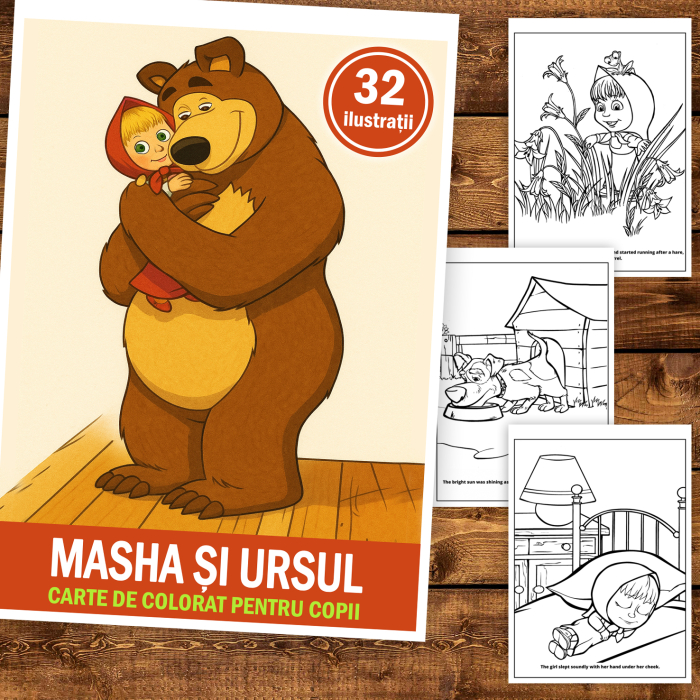 Carte de colorat pentru copii, 32 de ilustratii Masha si Ursul, 68 pagini [2]