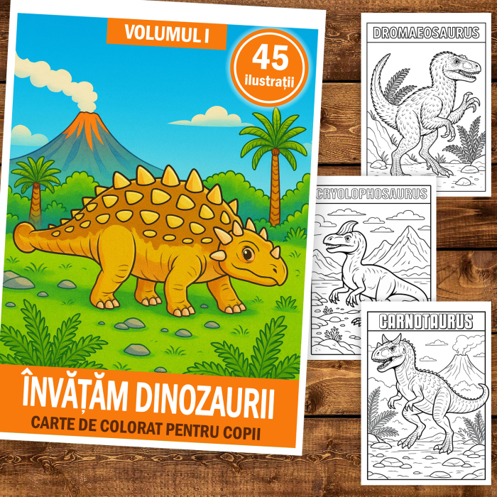 Carte de colorat pentru copii , 45 de ilustratii Invatam Dinozaurii - Volumul I, 96 pagini [2]