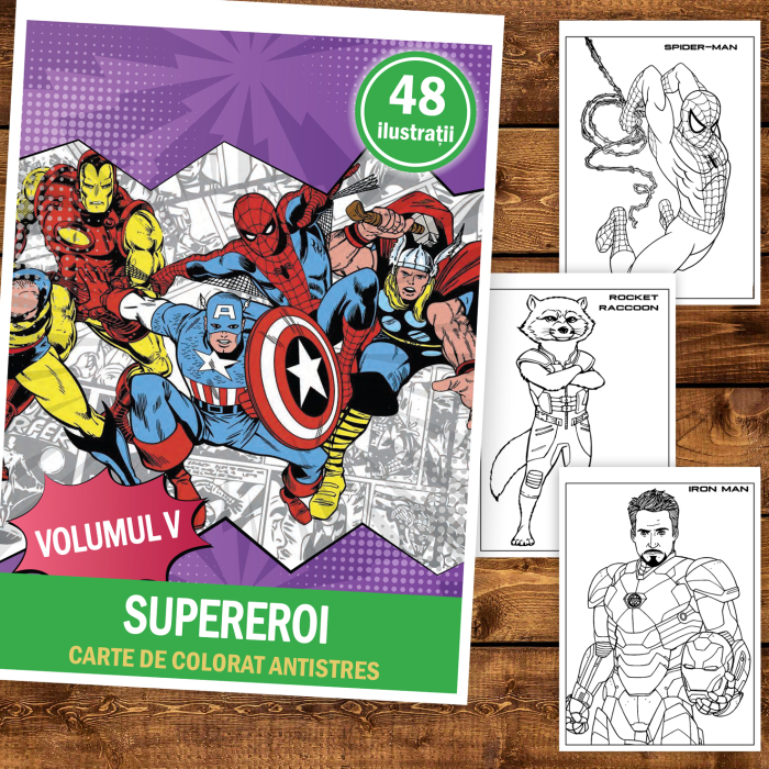 Carte de colorat pentru copii, 48 de ilustratii Supereroi - Volumul V, 102 pagini [2]