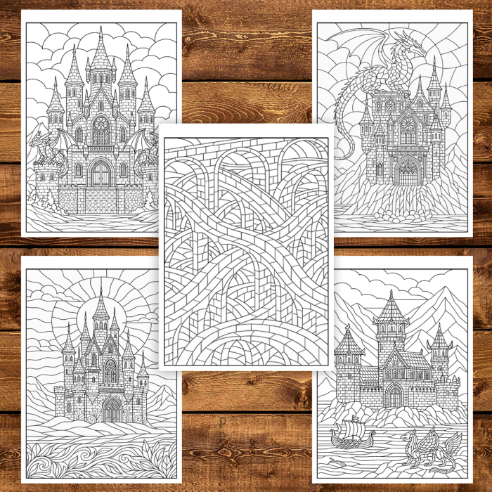 Carte de colorat pentru copii , 50 de ilustratii Castele si Cetati - Editia Premium, 106 pagini [4]