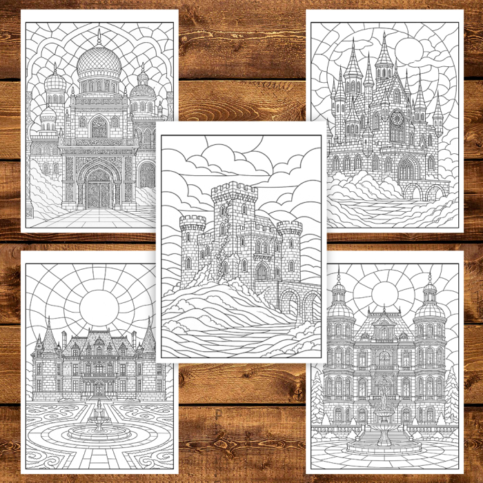 Carte de colorat pentru copii , 50 de ilustratii Castele si Cetati - Editia Premium, 106 pagini [5]