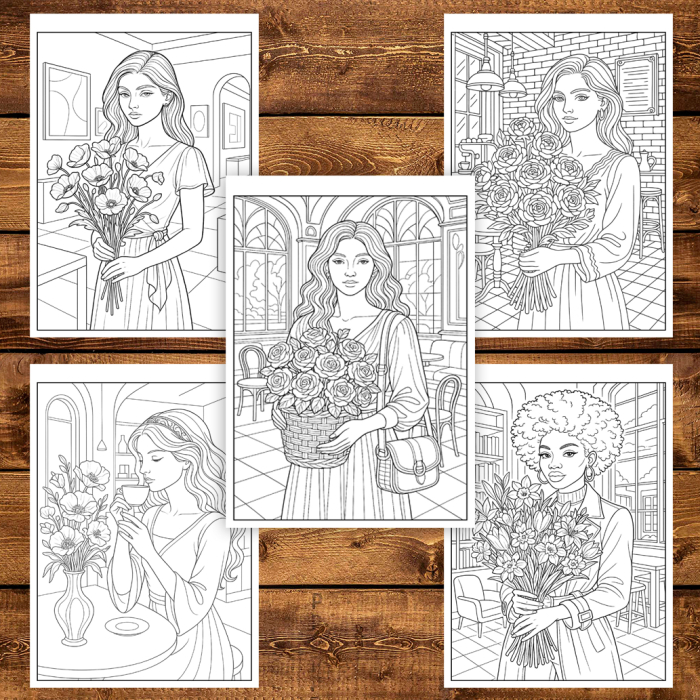 Carte de colorat pentru copii , 50 de ilustratii Fete cu flori, 106 pagini [4]